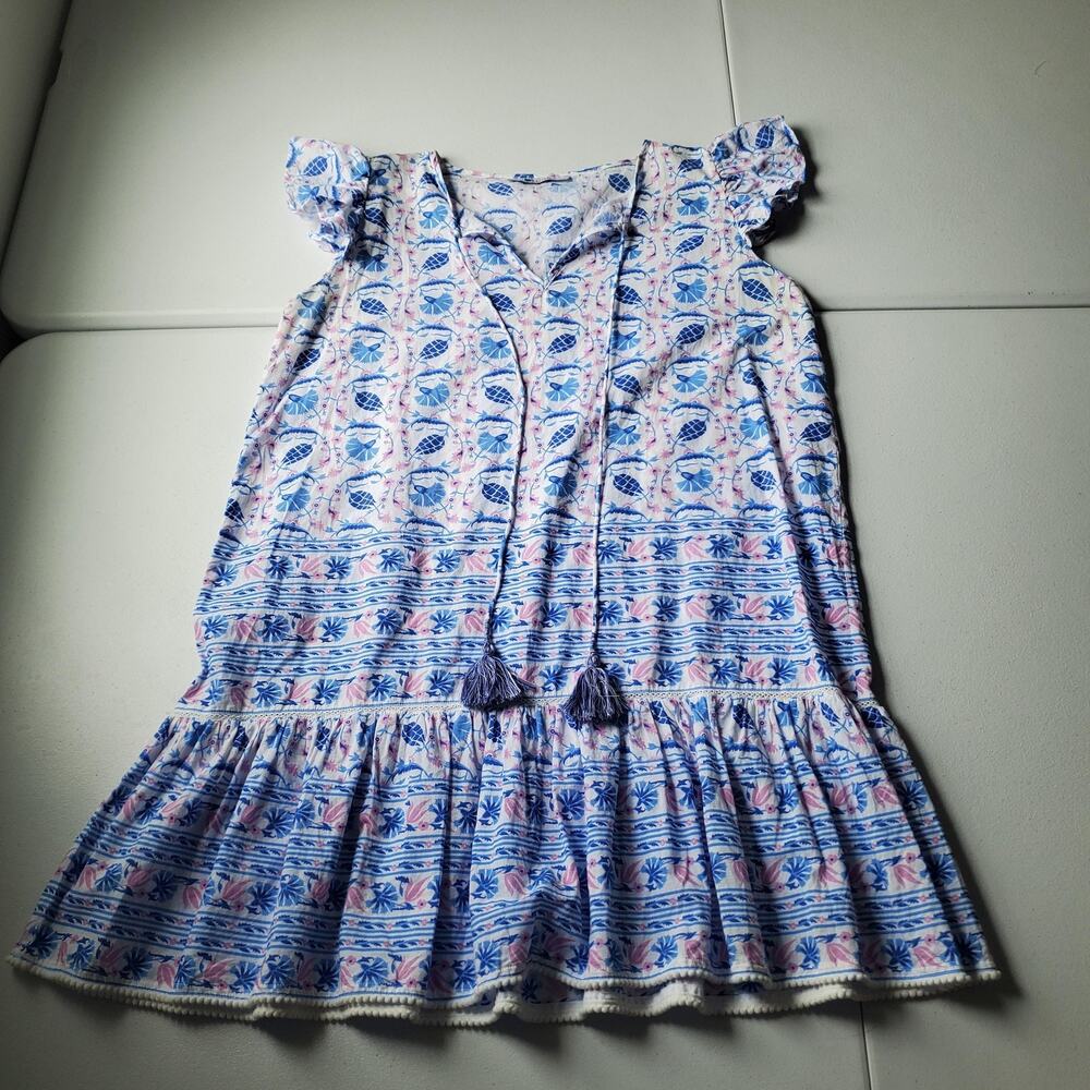 Bindu Dress Womens L Blue Floral Sundress Trapeze Swing Flutter Tassel Cotton